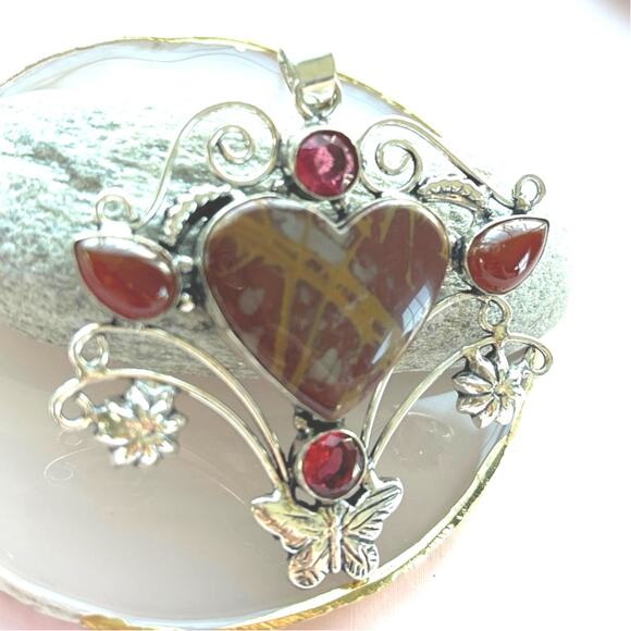925 Sterling Norina Jasper & Carnelian Heart Pendant - Picture 3 of 6